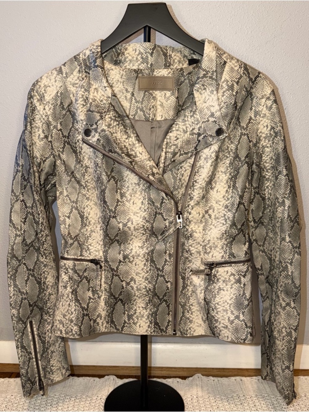 Blank NYC Snake-Print Faux Leather Moto Jacket in Gray and Cream